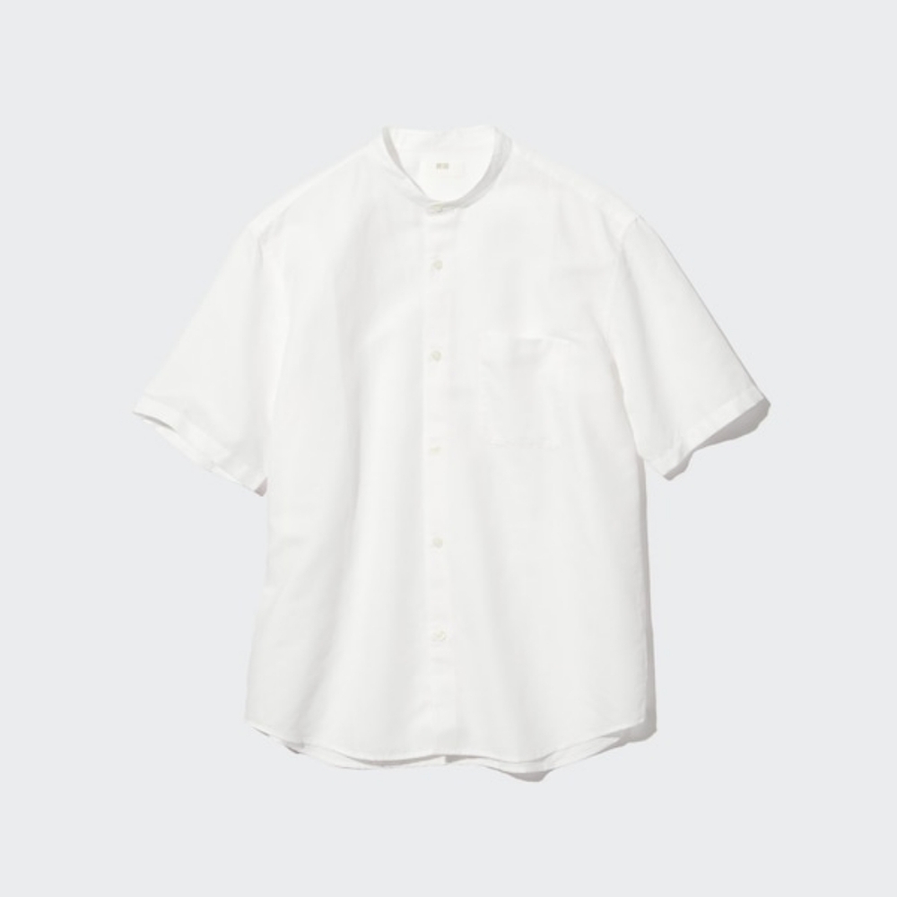 NEVER WORN Mens White Uniqlo Linen Cotton Stand Collar Short-Sleeve Shirt